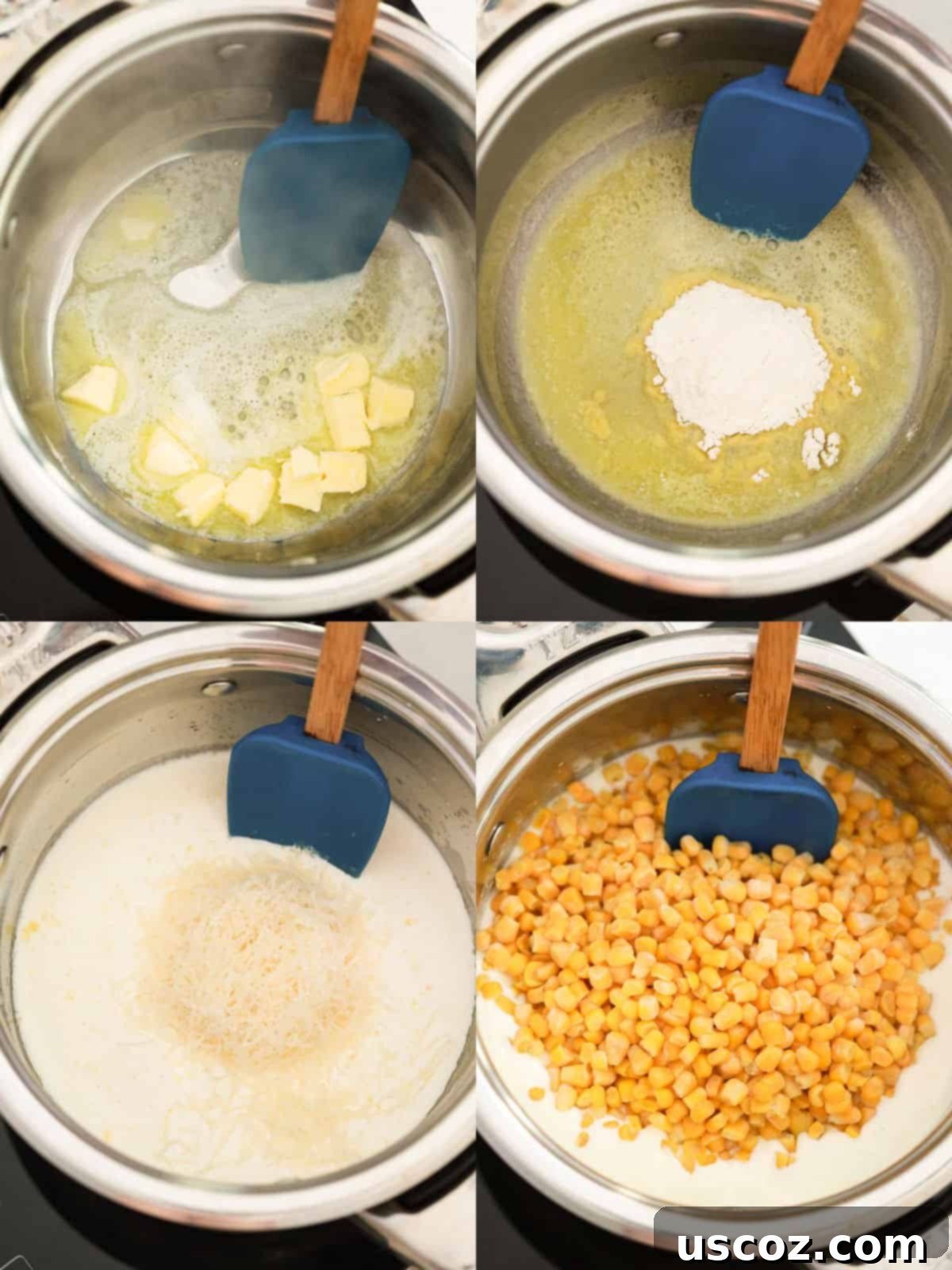 Dreamy Creamed Corn 4 A step-by-step collage image showing the process of making creamed corn, from melting butter to adding ingredients to a saucepan, demonstrating the easy cooking stages.
