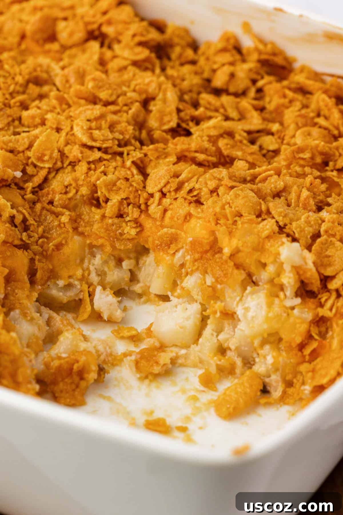 Crispy Cheesy Potato Casserole 17 A close-up view of a perfectly baked portion of cheesy funeral potatoes, showcasing the melted cheese and crunchy corn flake topping ready to be served.