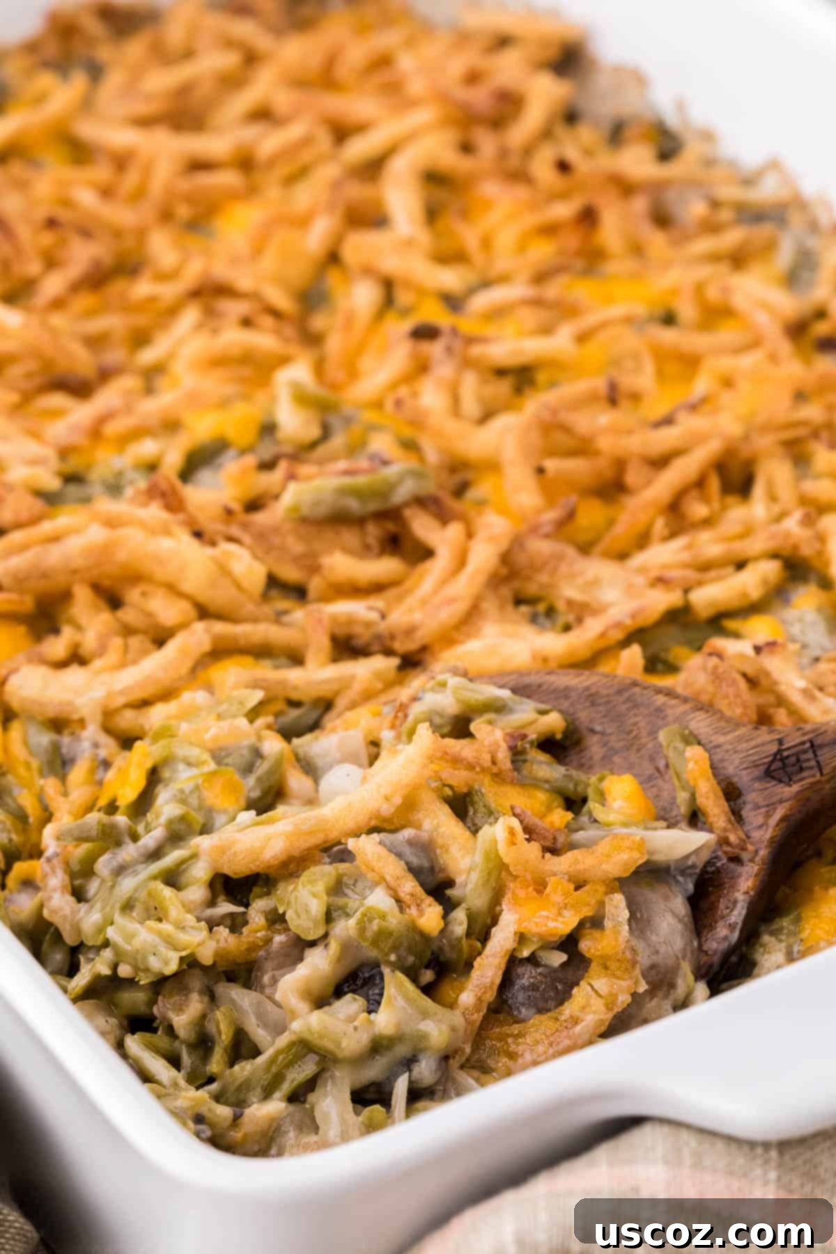 a scoop of green bean casserole