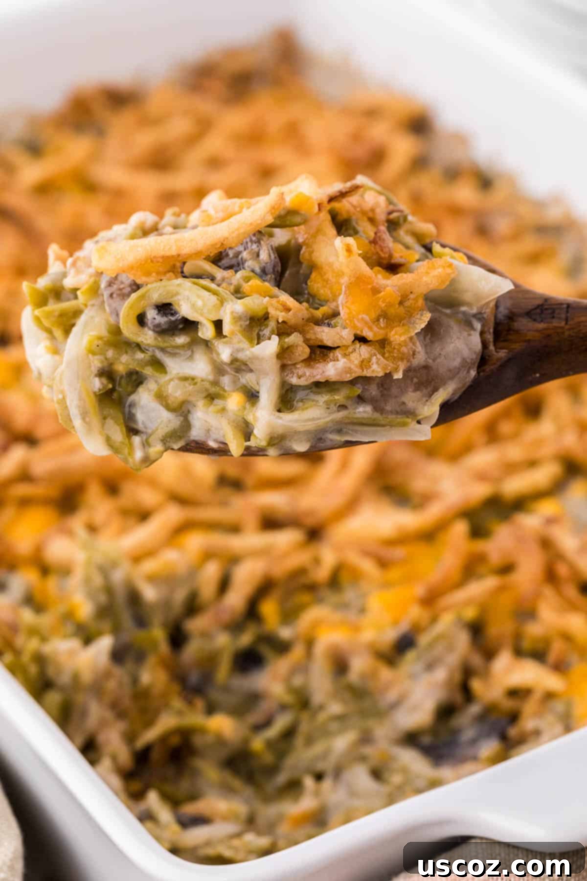 a scoop of green bean casserole