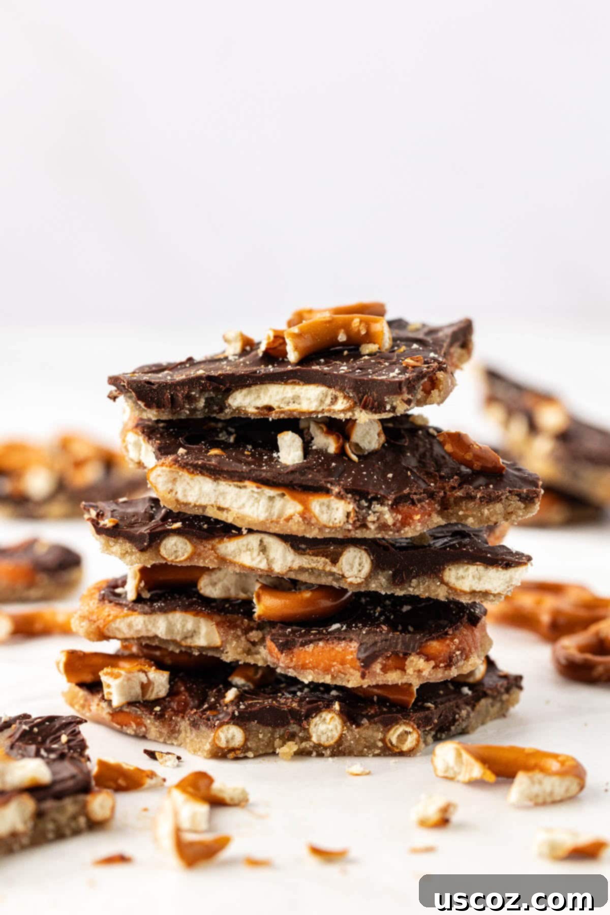 Holiday Pretzel Crunch 2 pretzel Christmas crack pieces stacked