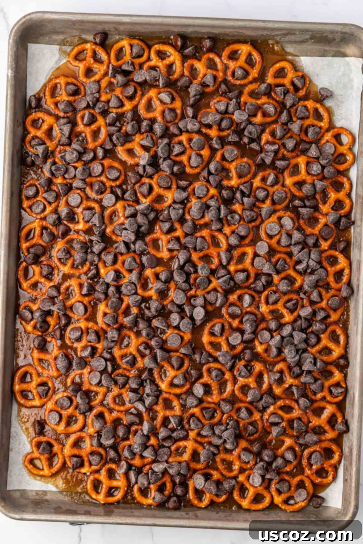 Holiday Pretzel Crunch 12 chocolate chips sprinkled over the toffee pretzels
