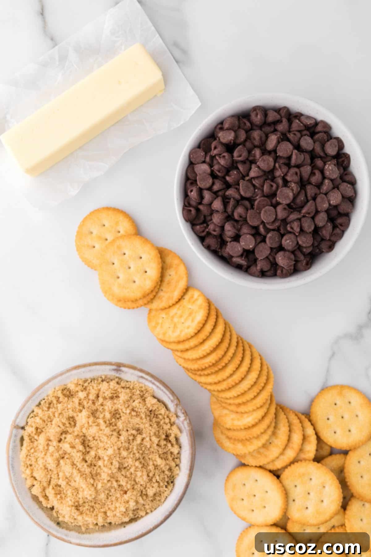 Sweet and Salty Ritz Cracker Toffee 3 A selection of the few simple ingredients needed to create delicious Ritz Cracker Toffee.