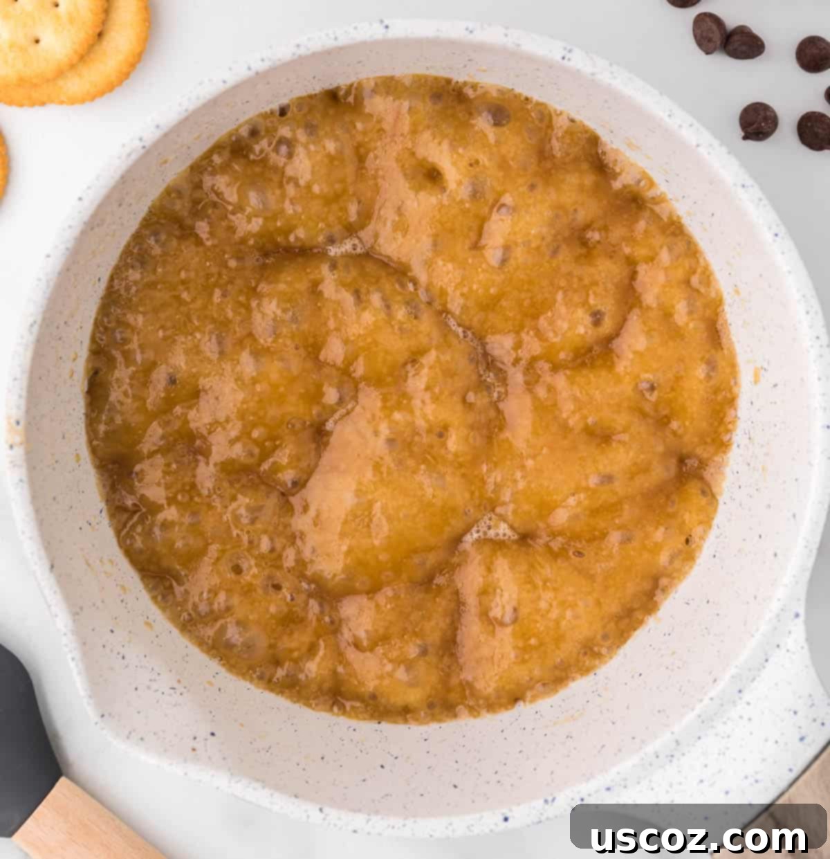 Sweet and Salty Ritz Cracker Toffee 6 Close-up of the perfectly simmered toffee mixture in a saucepan, thickened and ready.