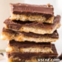 Sweet and Salty Ritz Cracker Toffee 10 Ritz Cracker Toffee pieces stacked, ready to be enjoyed.