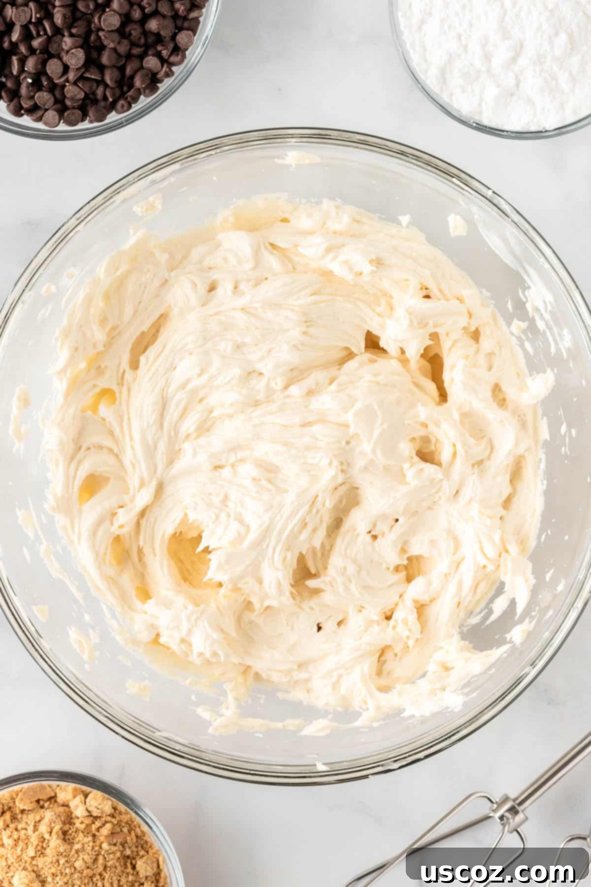 Chocolate Chip Cheese Ball Delight 6 The fluffy cream cheese, butter, and vanilla mixture after being beaten together.