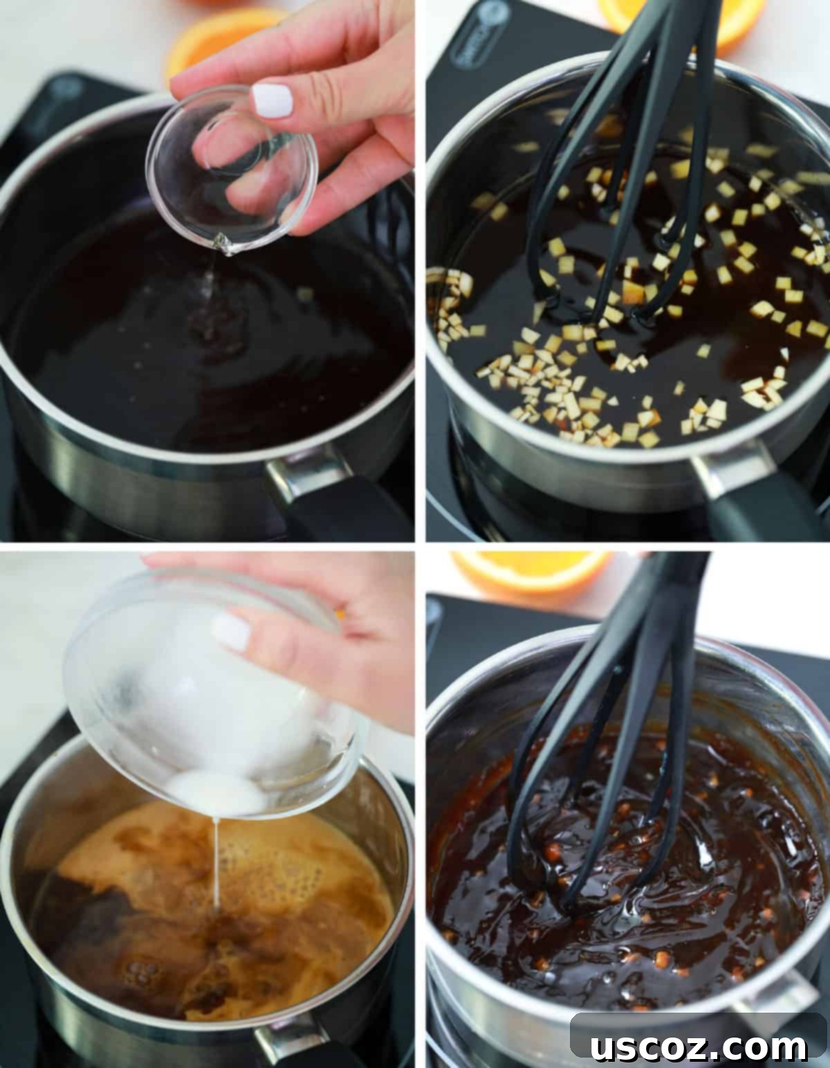 Homemade Teriyaki Sauce 6 A collage of images illustrating the process of making homemade teriyaki sauce, from combining ingredients to simmering in a saucepan.