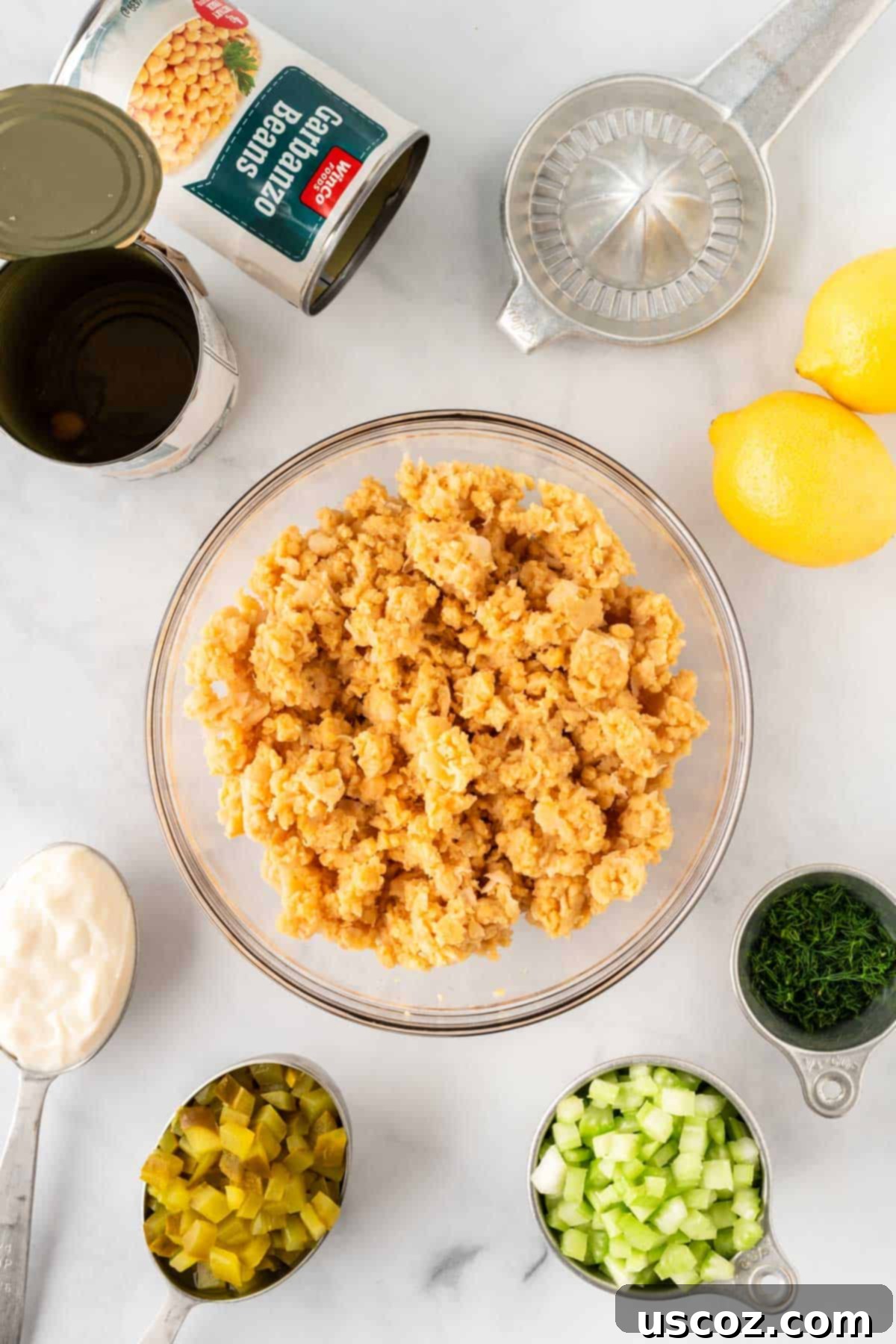 Creamy Dreamy Chickpea Salad Sandwich 7 Perfectly mashed chickpeas in a bowl, ready to be combined with other ingredients