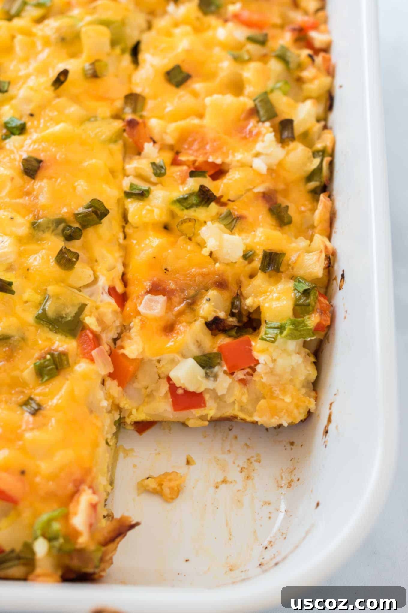 Golden Hash Brown Egg Bake 12 squares of egg casserole cut in the baking dish
