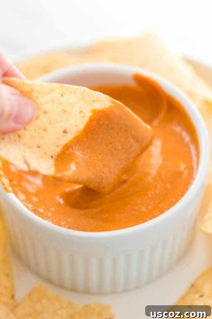 Creamy Plant-Based Queso 2 chip dipped in vegan queso
