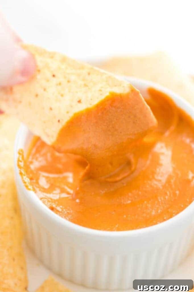 Creamy Plant-Based Queso 12 chip dipped in vegan queso