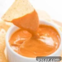 Creamy Plant-Based Queso 14 chip dipped in vegan queso