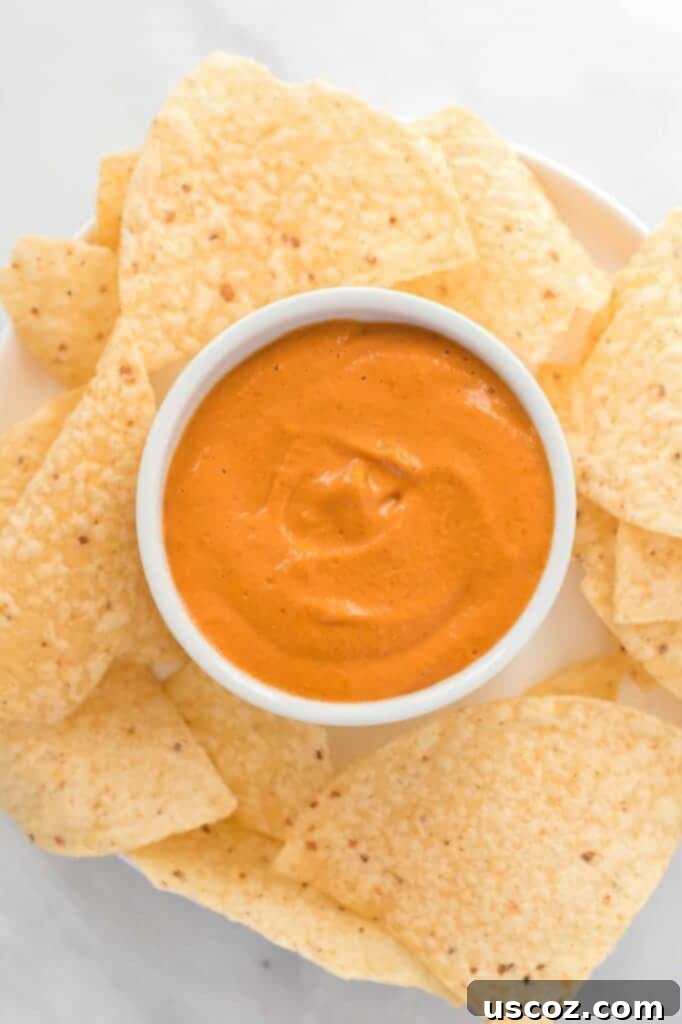 Creamy Plant-Based Queso 8 vegan queso in a white ramekin surrounded by tortilla chips