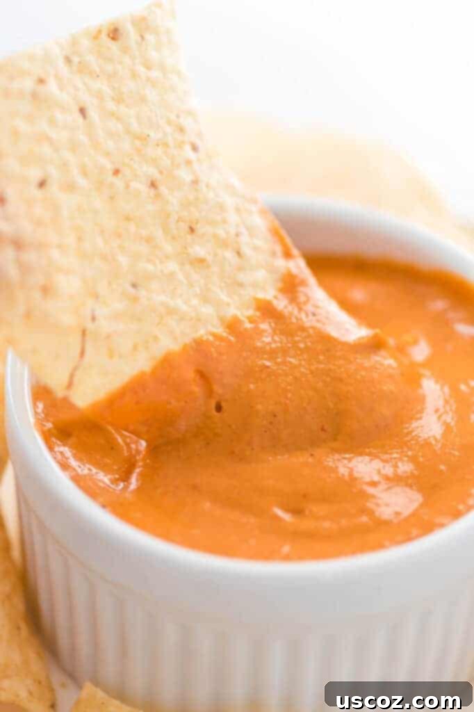 Creamy Plant-Based Queso 9 chip dipped in vegan queso