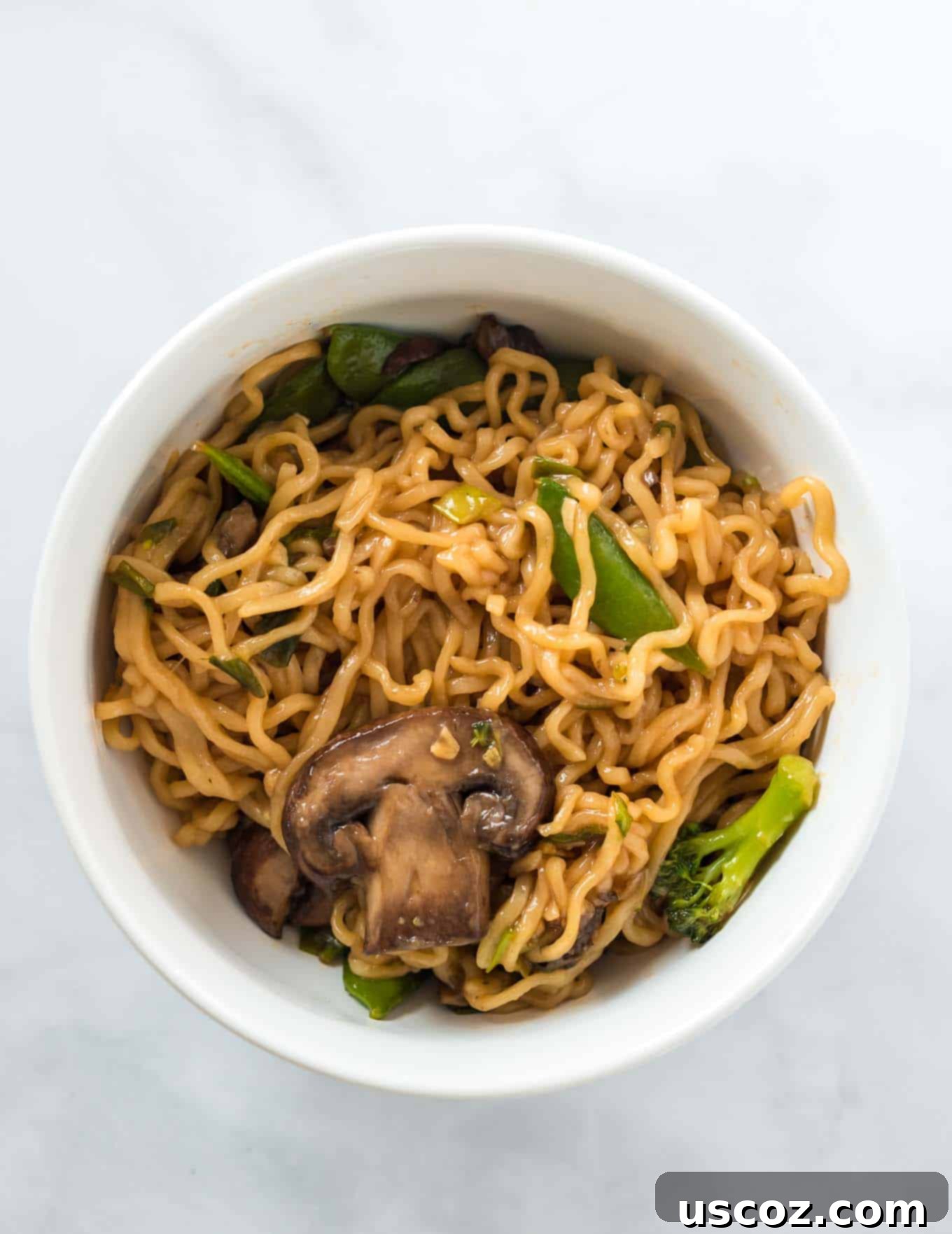 Sweet & Savory Teriyaki Noodles 8 ramen noodles with vegetables in a white bowl