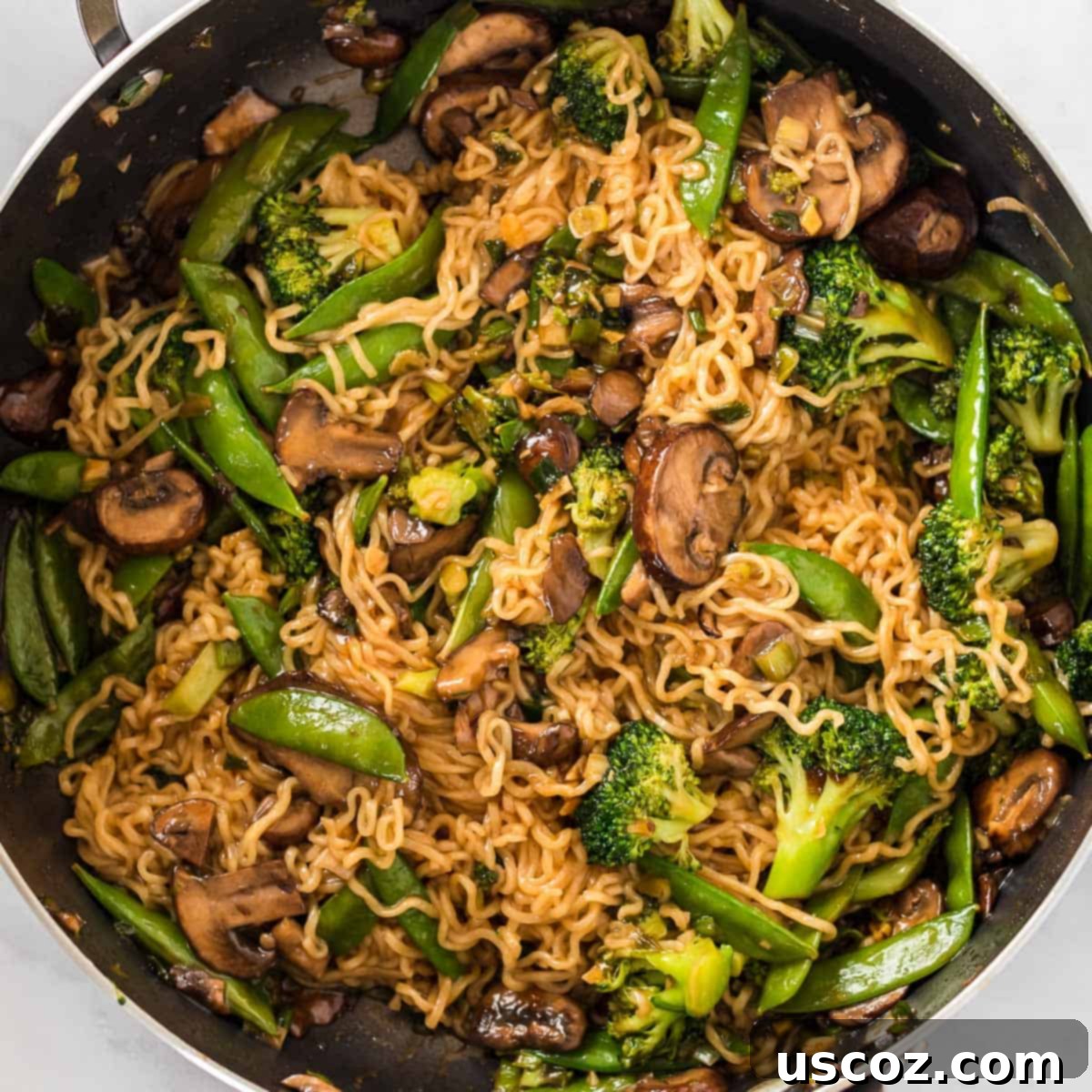 Sweet & Savory Teriyaki Noodles 10 teriyaki ramen noodles in a skillet