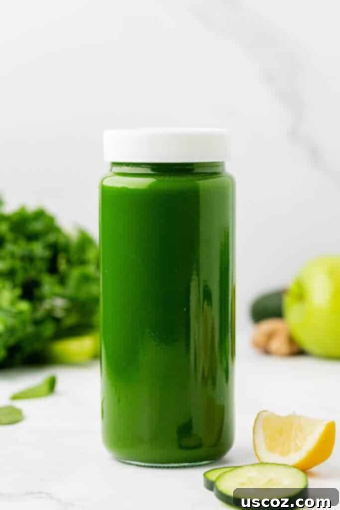 Your Daily Green Boost 12 green juice in a jar with a lid