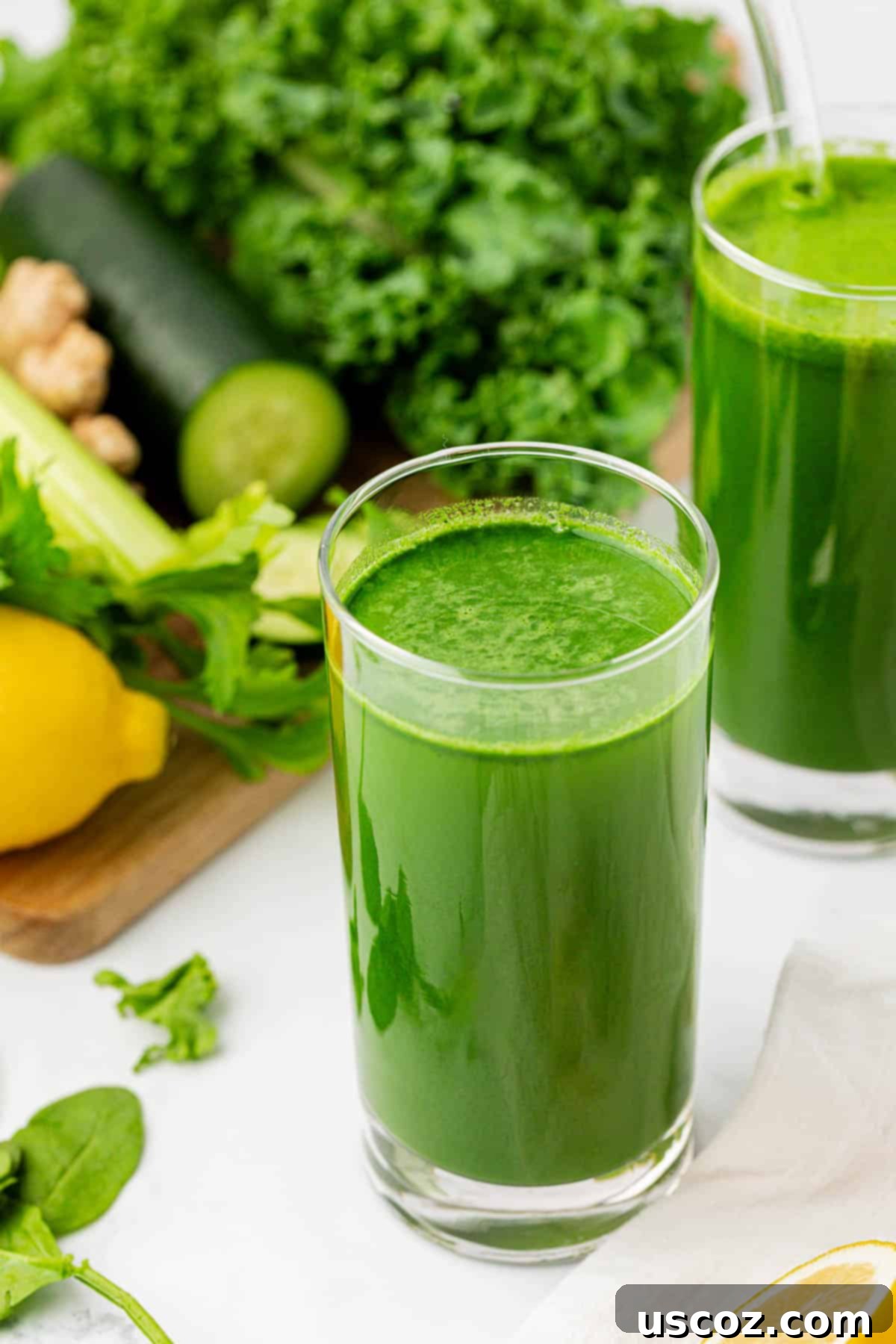 Your Daily Green Boost 13 green juice in a glass