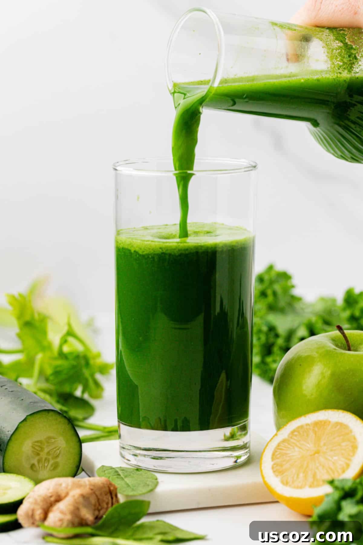 Your Daily Green Boost 7 pouring green juice into a glass