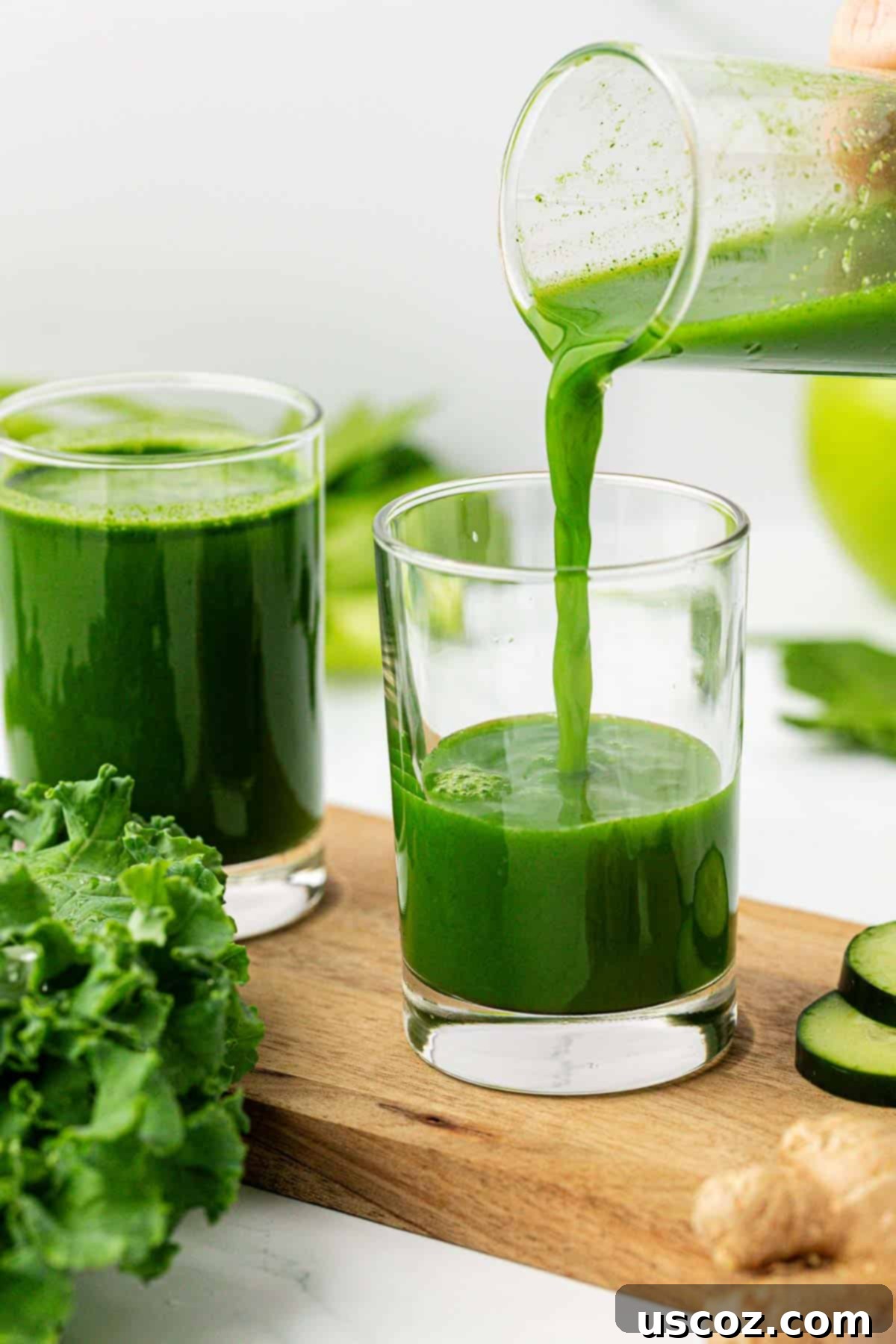 Your Daily Green Boost 9 pouring green juice in a glass