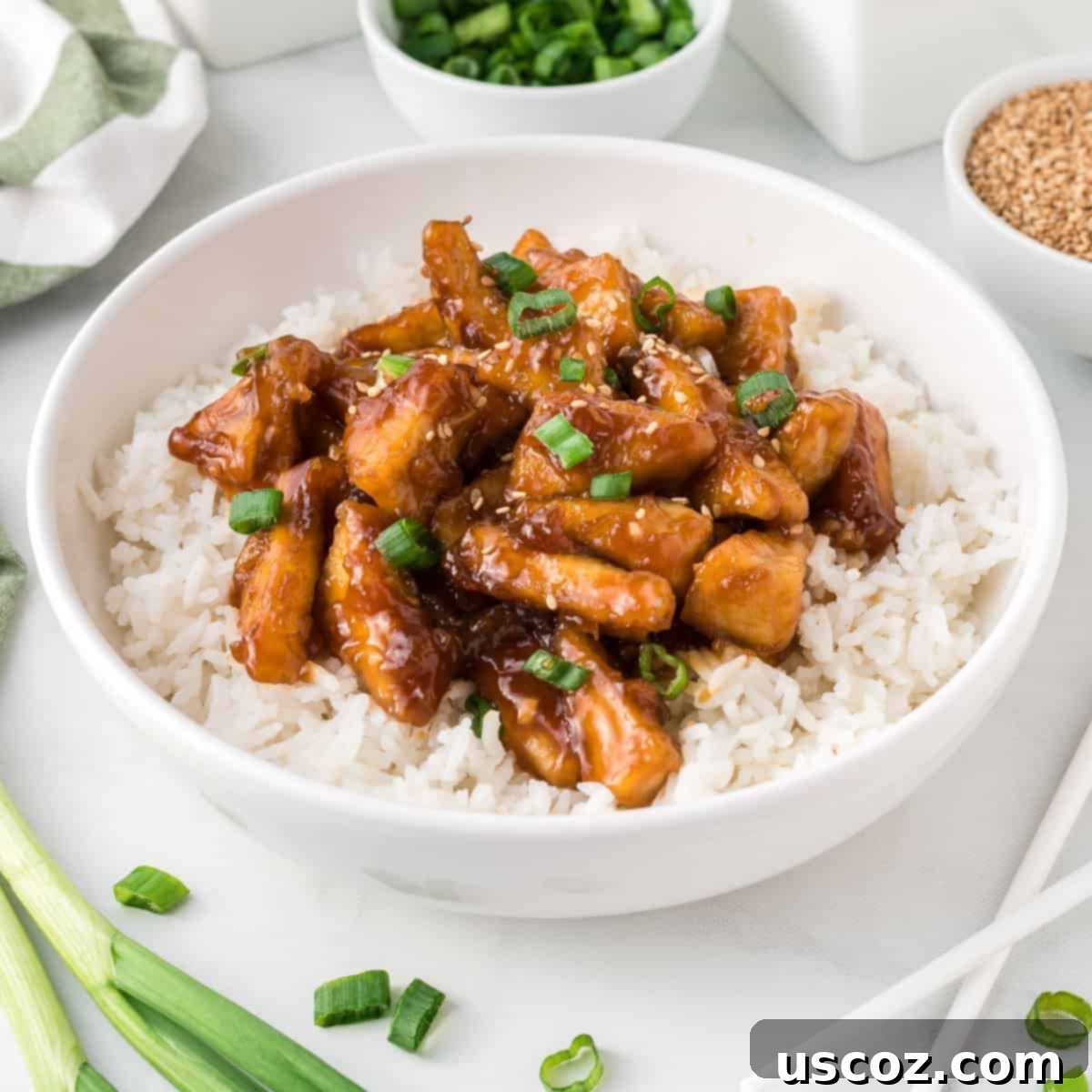 Glazed Teriyaki Tofu 17 teriyaki tofu triangles over white rice in a bowl