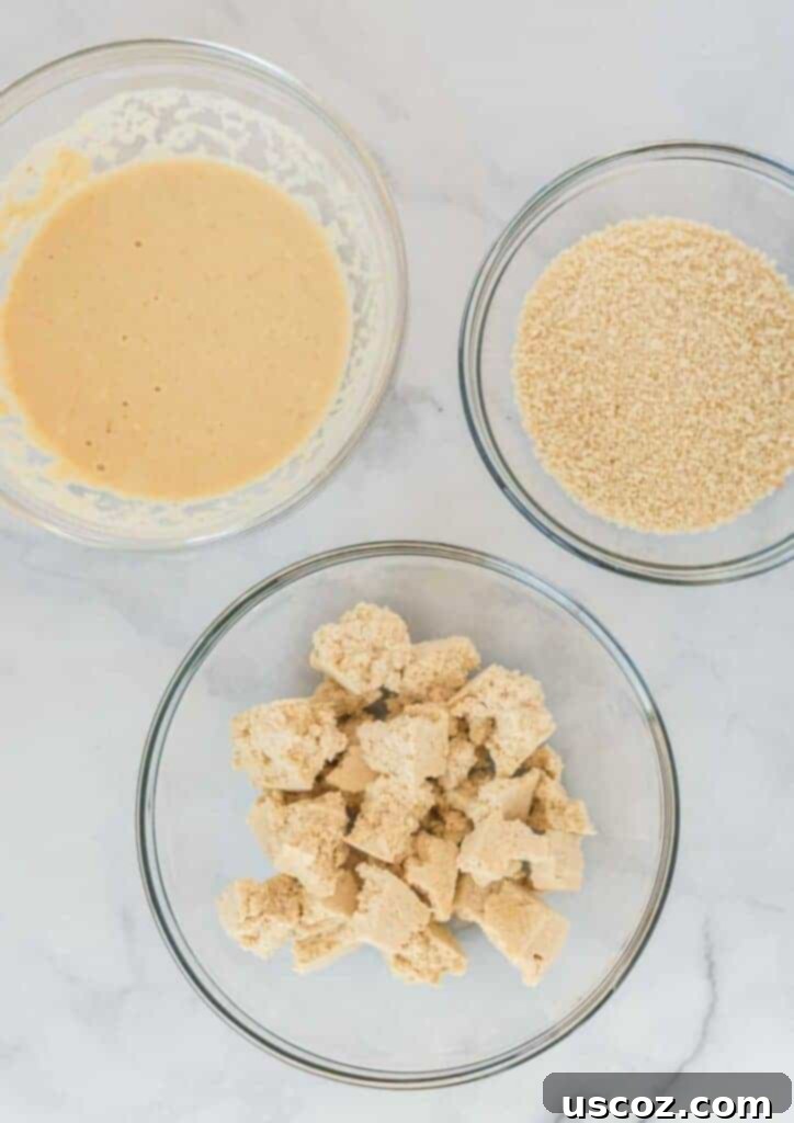 Crispy Air Fryer Tofu Nuggets 6 torn tofu, batter, and panko bread crumbs in separate bowls