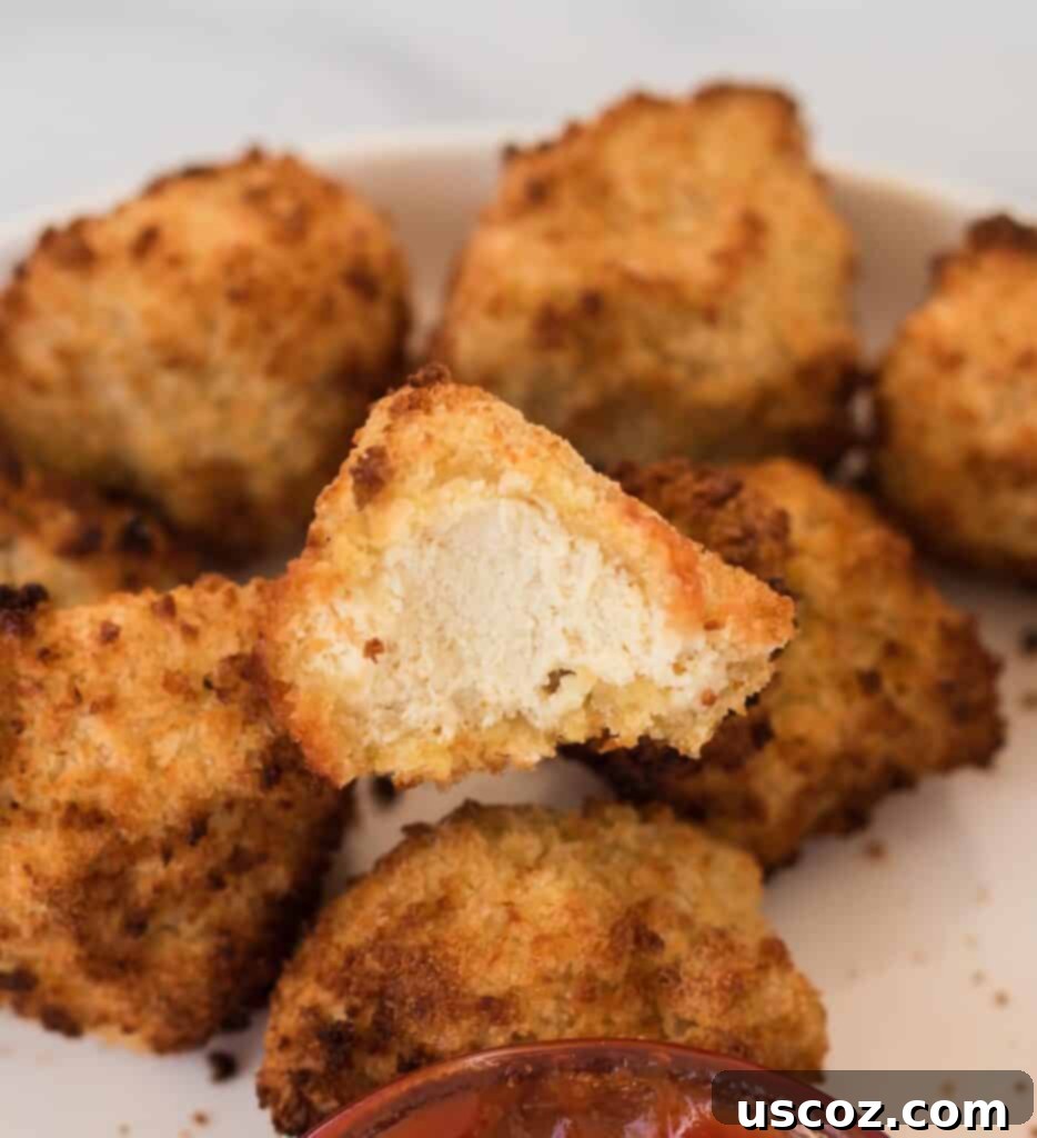 Crispy Air Fryer Tofu Nuggets 9 a bite taken out of a tofu nugget to show the meaty texture