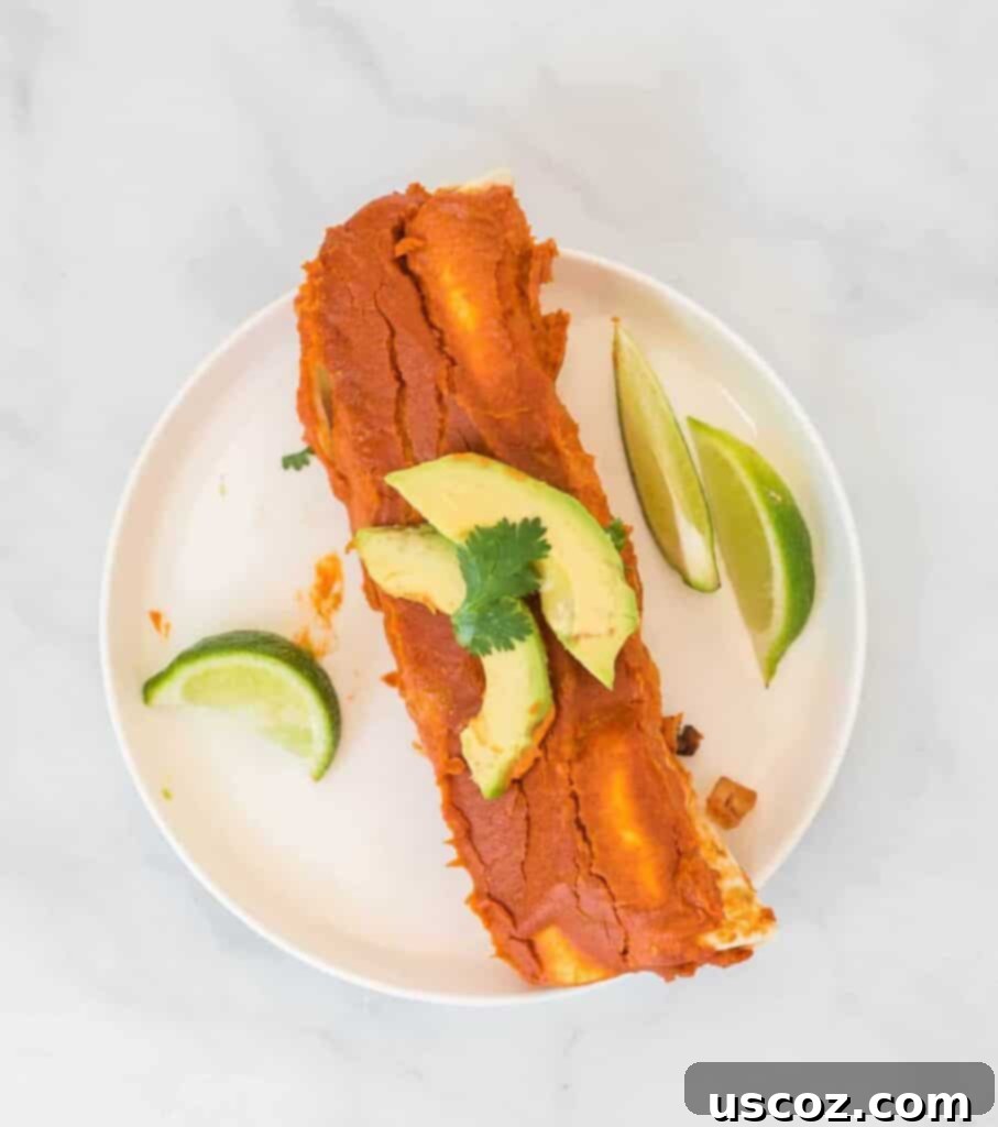 Ultimate Plant-Based Enchiladas 2 two enchiladas on a white plate topped with avocado and cilantro, with limes on the side