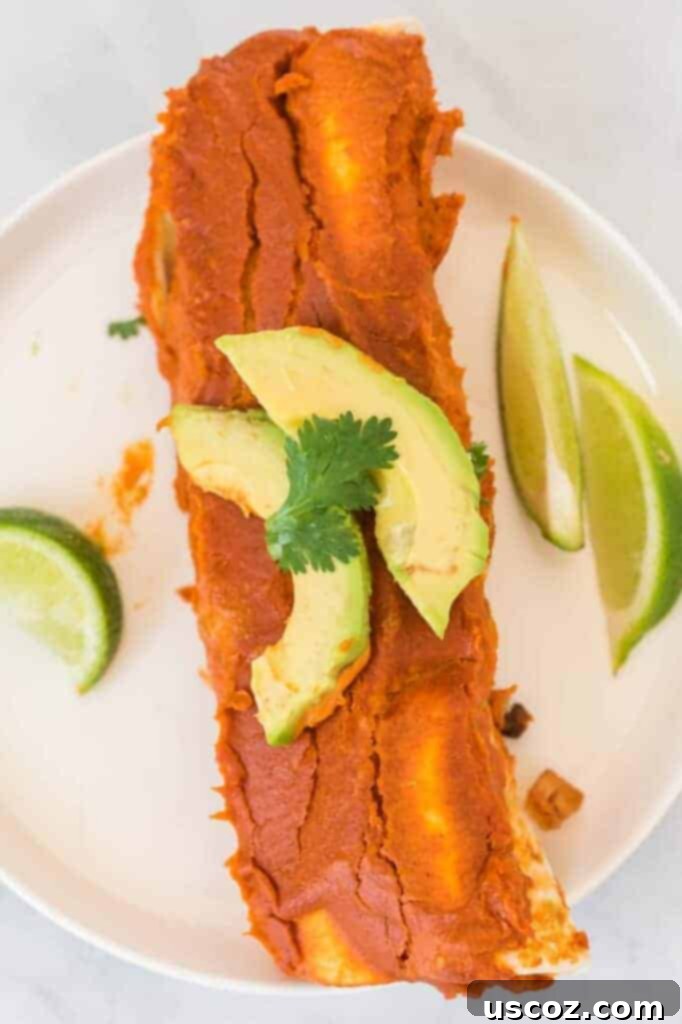 Ultimate Plant-Based Enchiladas 10 two enchiladas on a white plate topped with avocado and cilantro, with limes on the side
