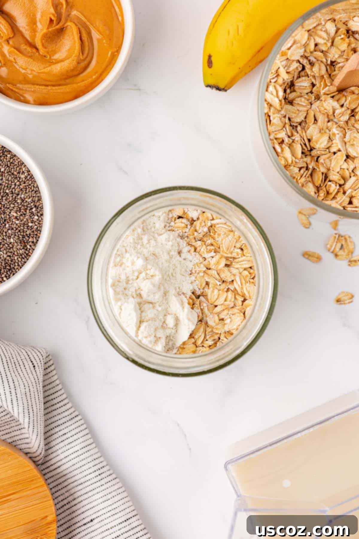 Power-Packed Overnight Oats 8 adding protein powder and oats to the jar