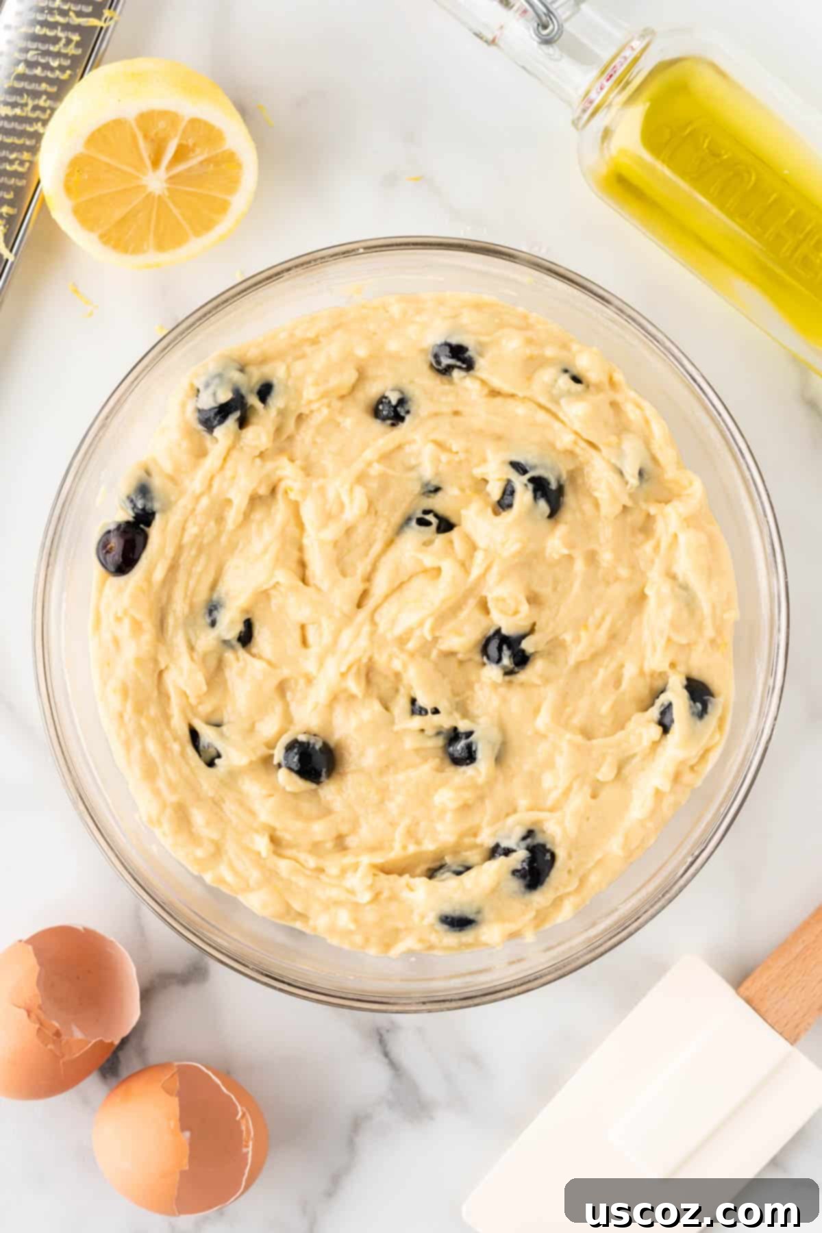 Blueberry Greek Yogurt Delights 11 blueberry muffin batter in a bowl