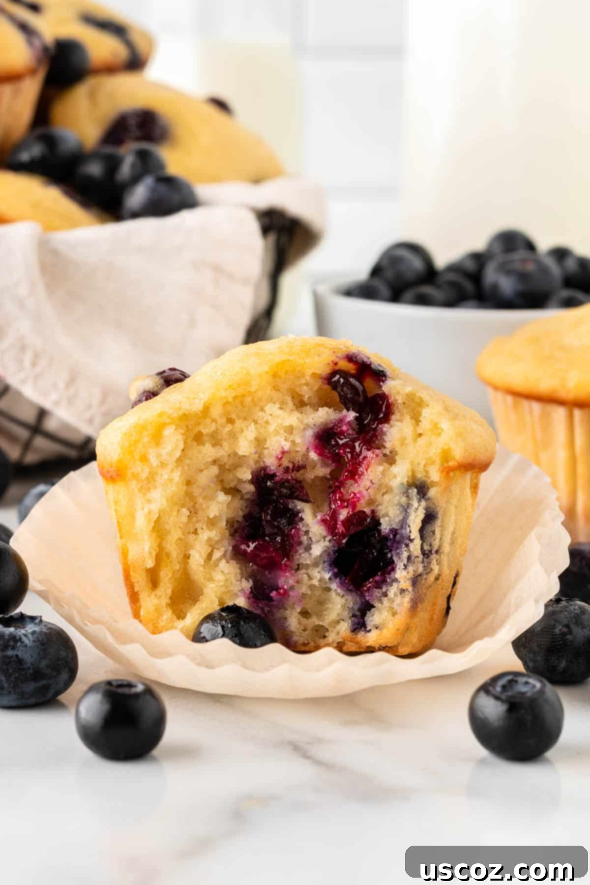 Blueberry Greek Yogurt Delights 16 greek yogurt muffin with a bite taken out to show the inside