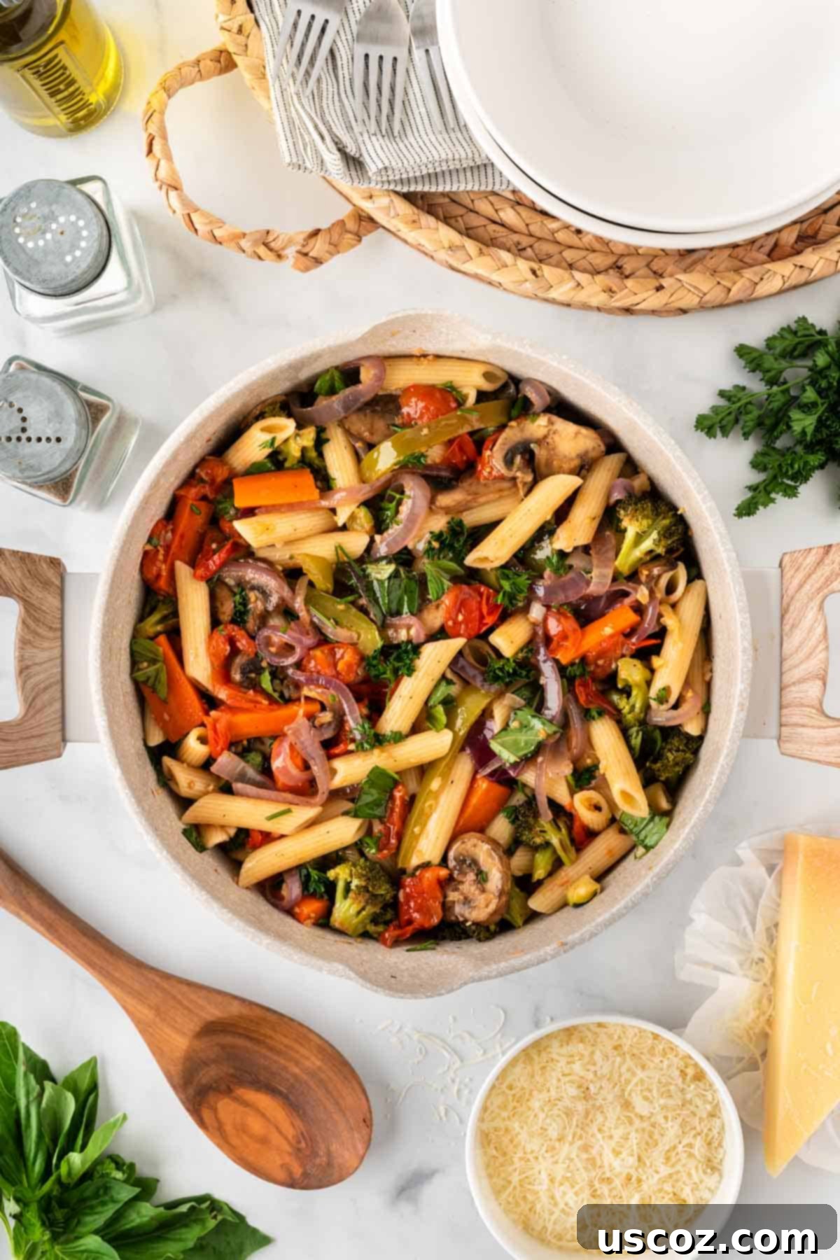 Hearty Roasted Veggie Pasta 11 roasted vegetable pasta in a sauce pan
