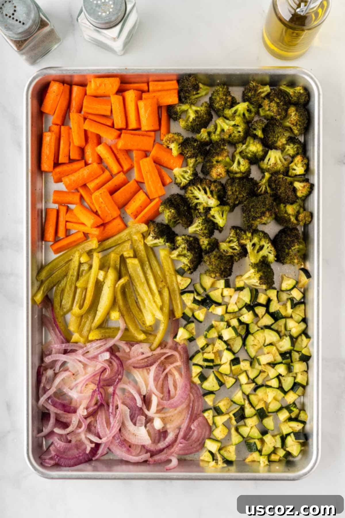 Hearty Roasted Veggie Pasta 6 roasted vegetables on a baking sheet