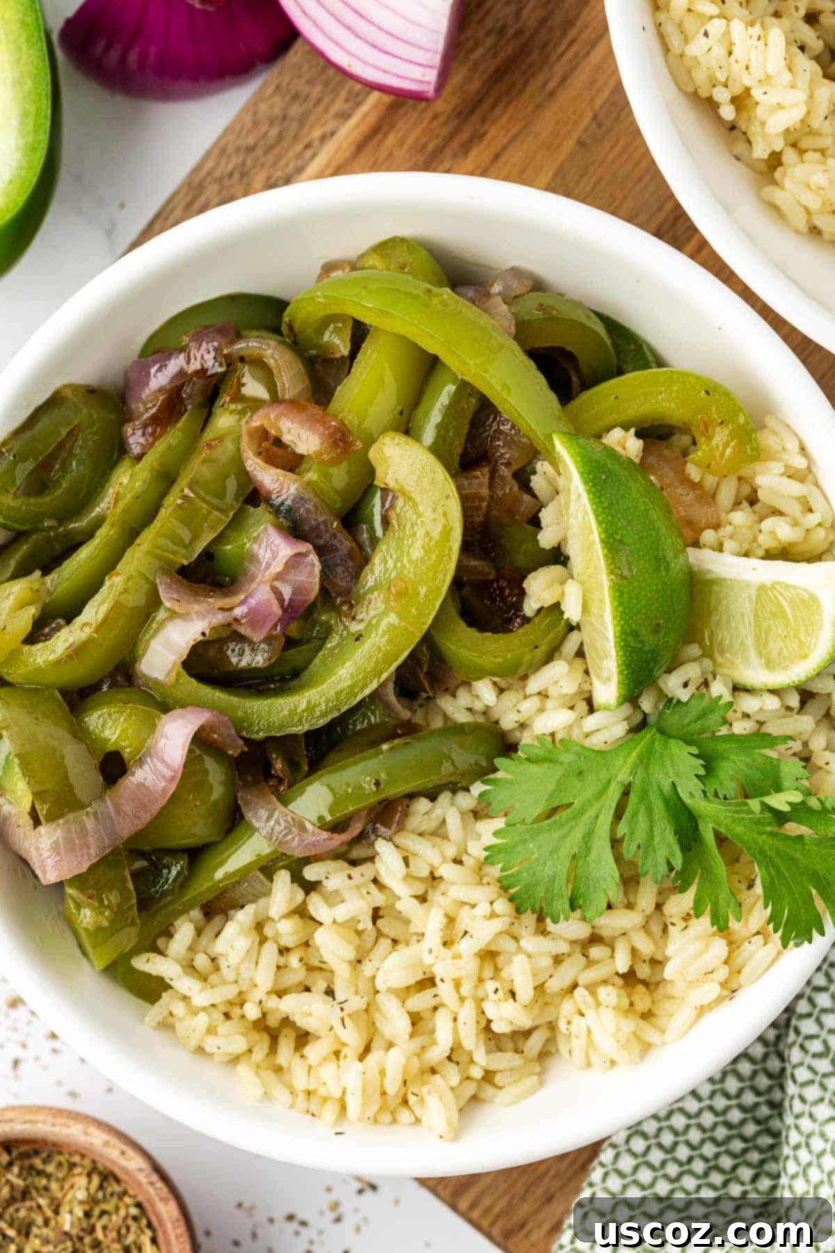 Sizzling Fajita Vegetables 9 A vibrant and healthy bowl featuring fajita veggies alongside fluffy rice, illustrating a delicious serving suggestion.