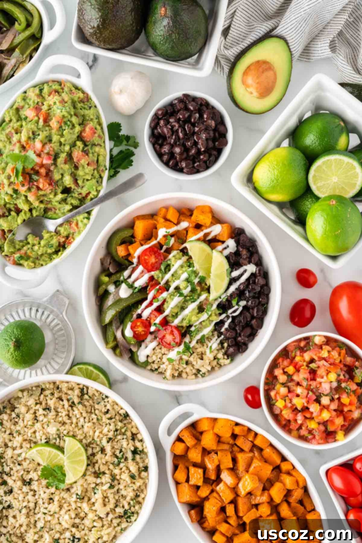 Low-Carb Cauliflower Rice Burrito Bowl 19 Close-up of a generously topped cauliflower rice burrito bowl, showcasing all the fresh ingredients