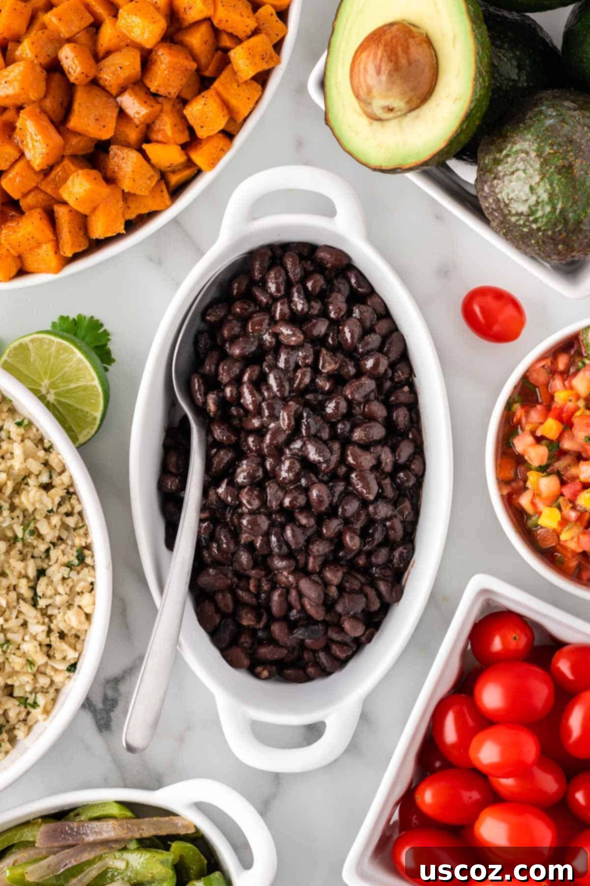 Low-Carb Cauliflower Rice Burrito Bowl 10 A bowl of easy Mexican black beans, seasoned and ready for serving