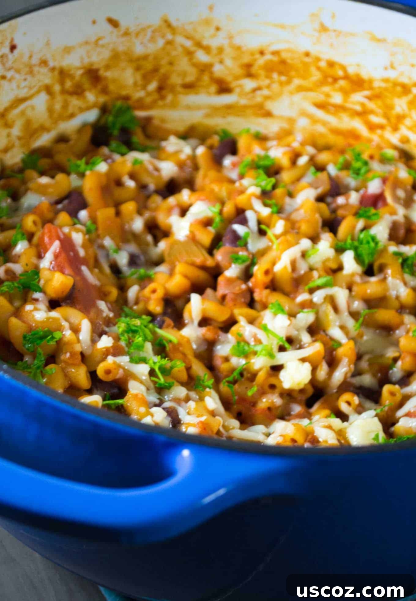 Hearty One-Pan Veggie Chili Mac 4 Sautéing garlic, onion, and peppers in a Dutch oven for chili mac