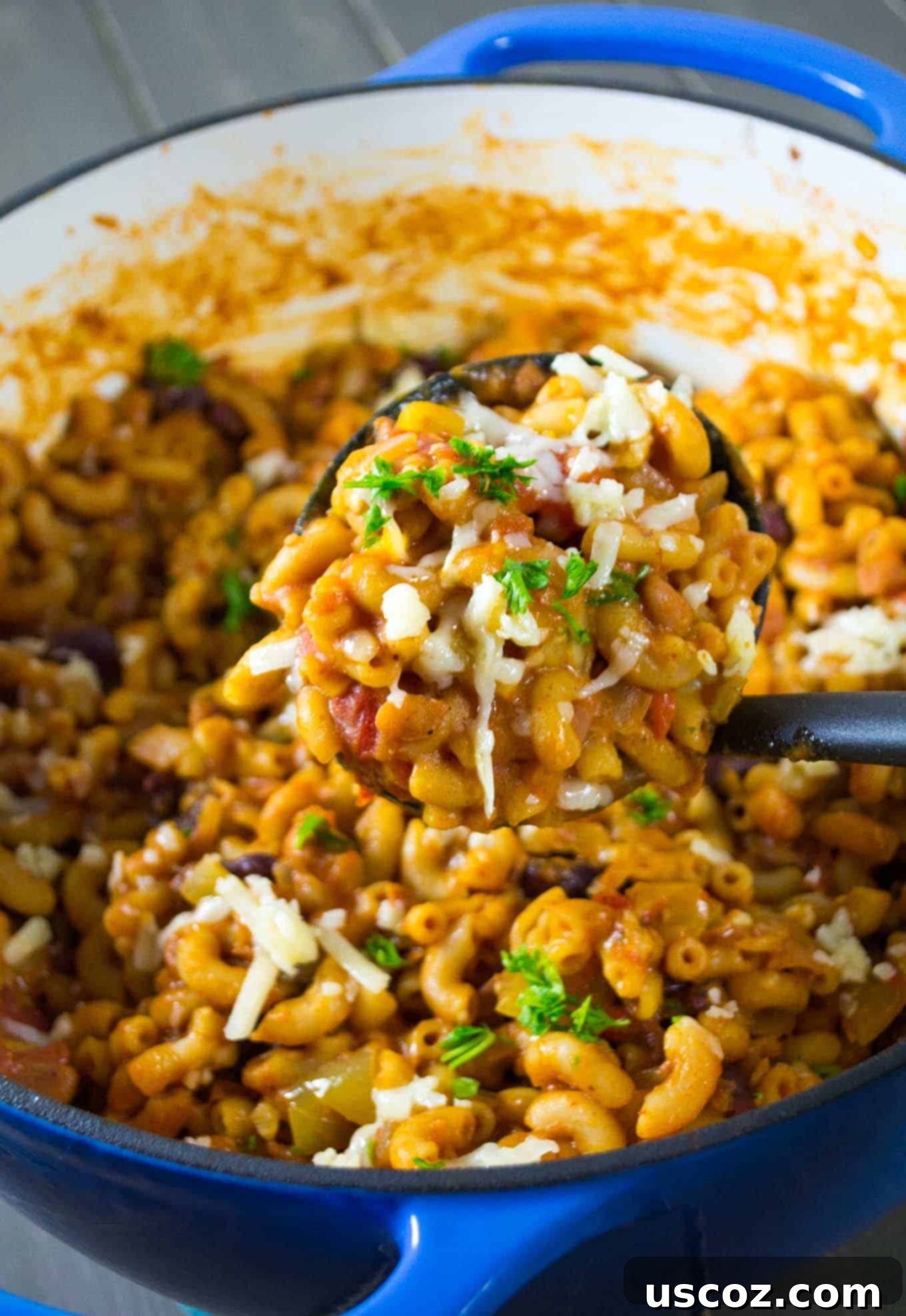 Hearty One-Pan Veggie Chili Mac 7 Bowl of One Pot Vegetarian Chili Mac with spoon, ready to eat