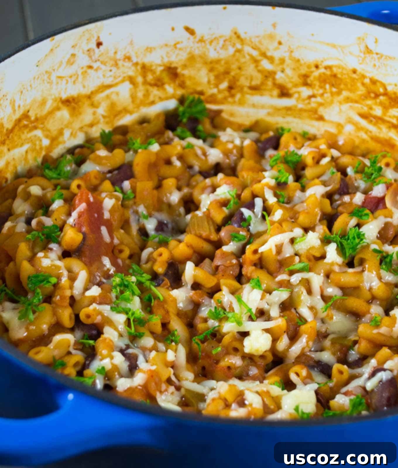 Hearty One-Pan Veggie Chili Mac 8 One Pot Vegetarian Chili Mac in a large Dutch oven, ready to be served
