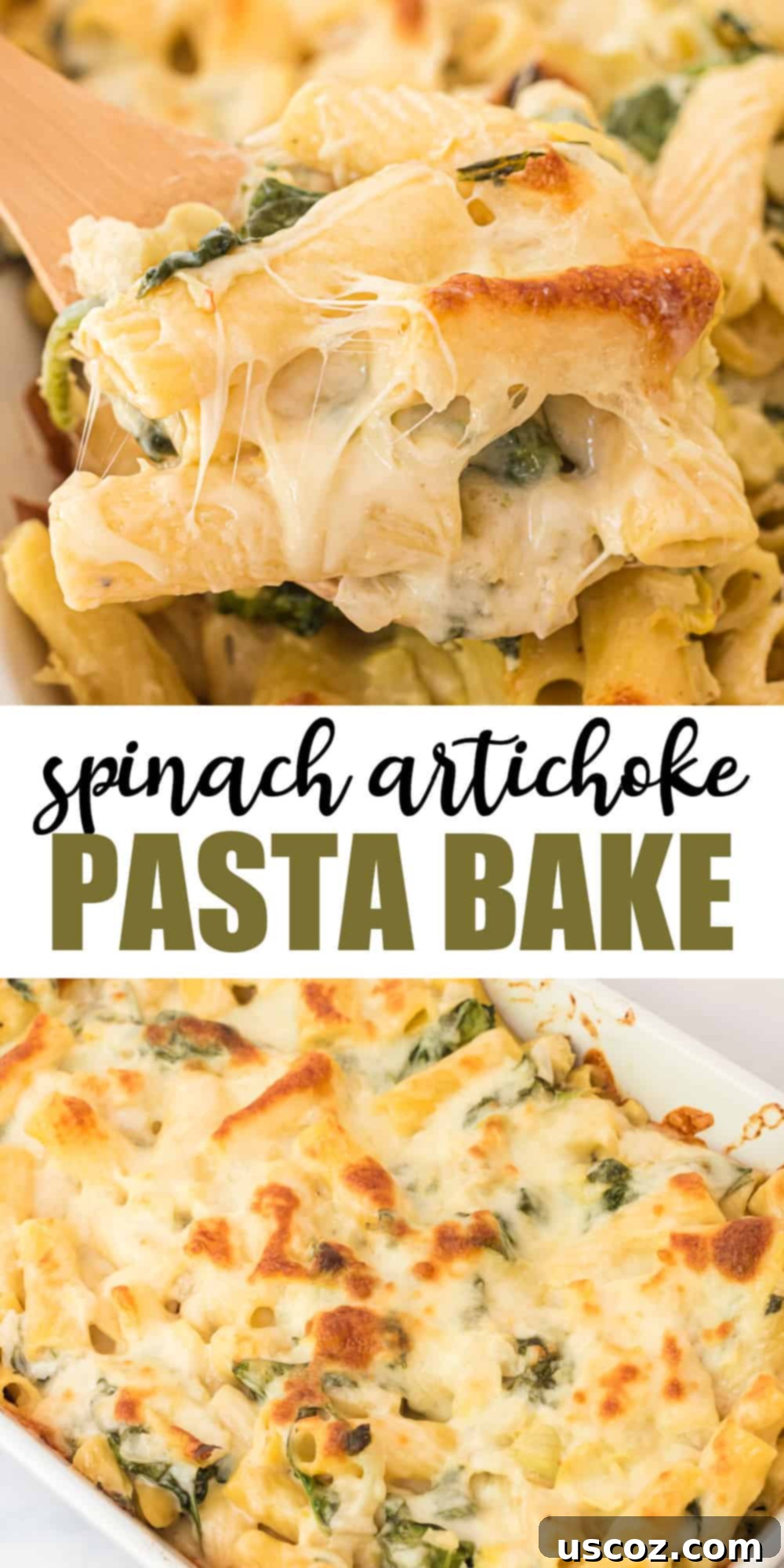 Creamy Spinach Artichoke Pasta Casserole 9 Image featuring the text "Spinach Artichoke Pasta Bake" as a recipe title