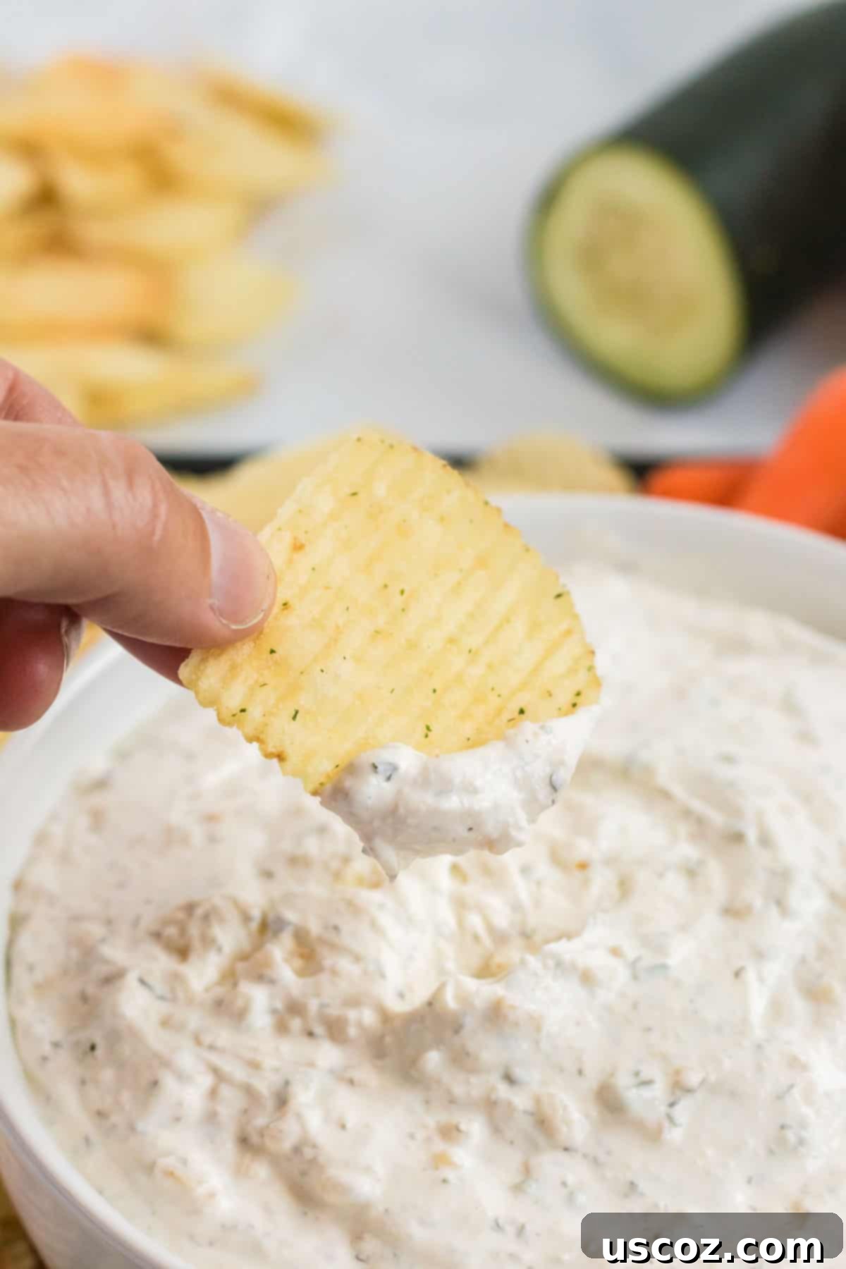 Dip Into Deliciousness 2 ruffle chip being dipped into chip dip