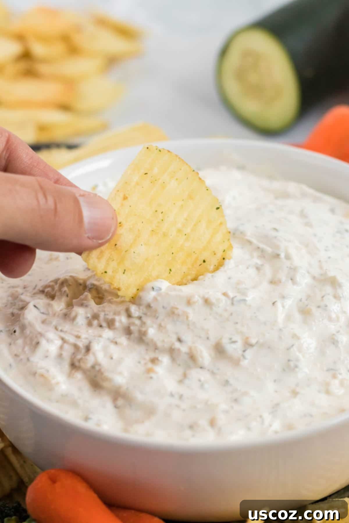 Dip Into Deliciousness 12 chip being dipped into a chip dip