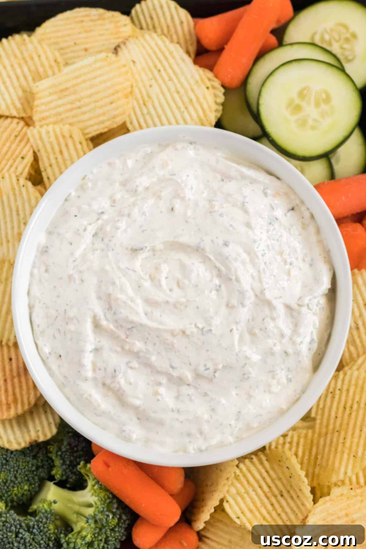 Dip Into Deliciousness 9 dip in a bowl surrounded by chips, broccoli, baby carrots, and cucumber
