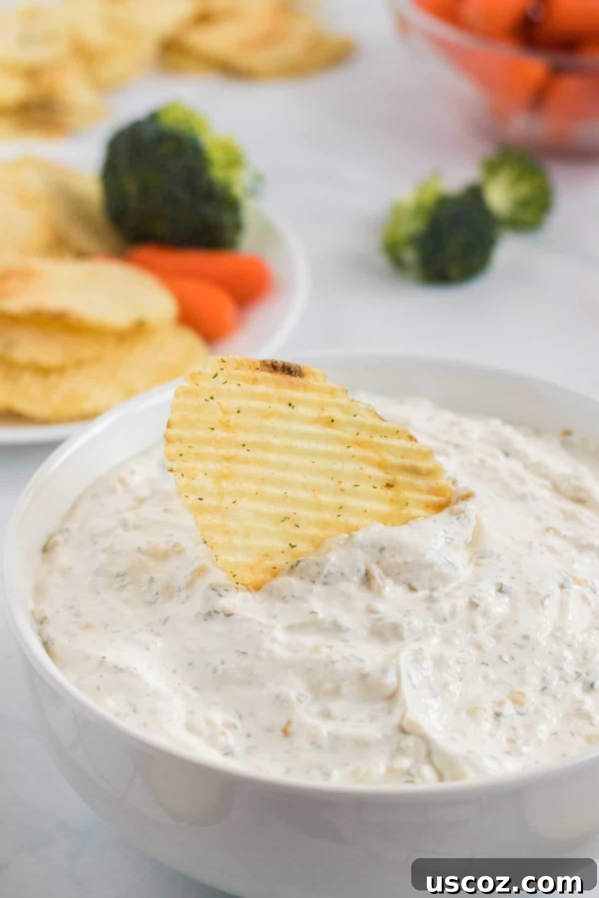 Dip Into Deliciousness 10 chip being dipped into a chip dip