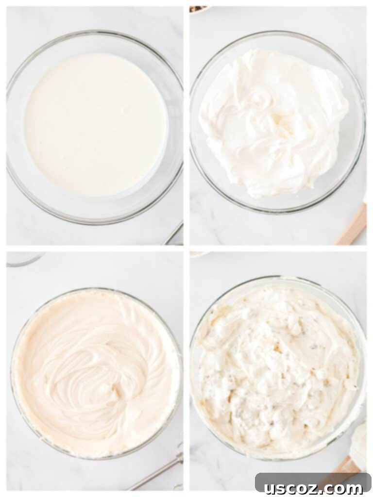 Velvet Pecan Delight 5 A collage showing separate bowls of whipped cream, cream cheese mixture, and pecans ready for combining.