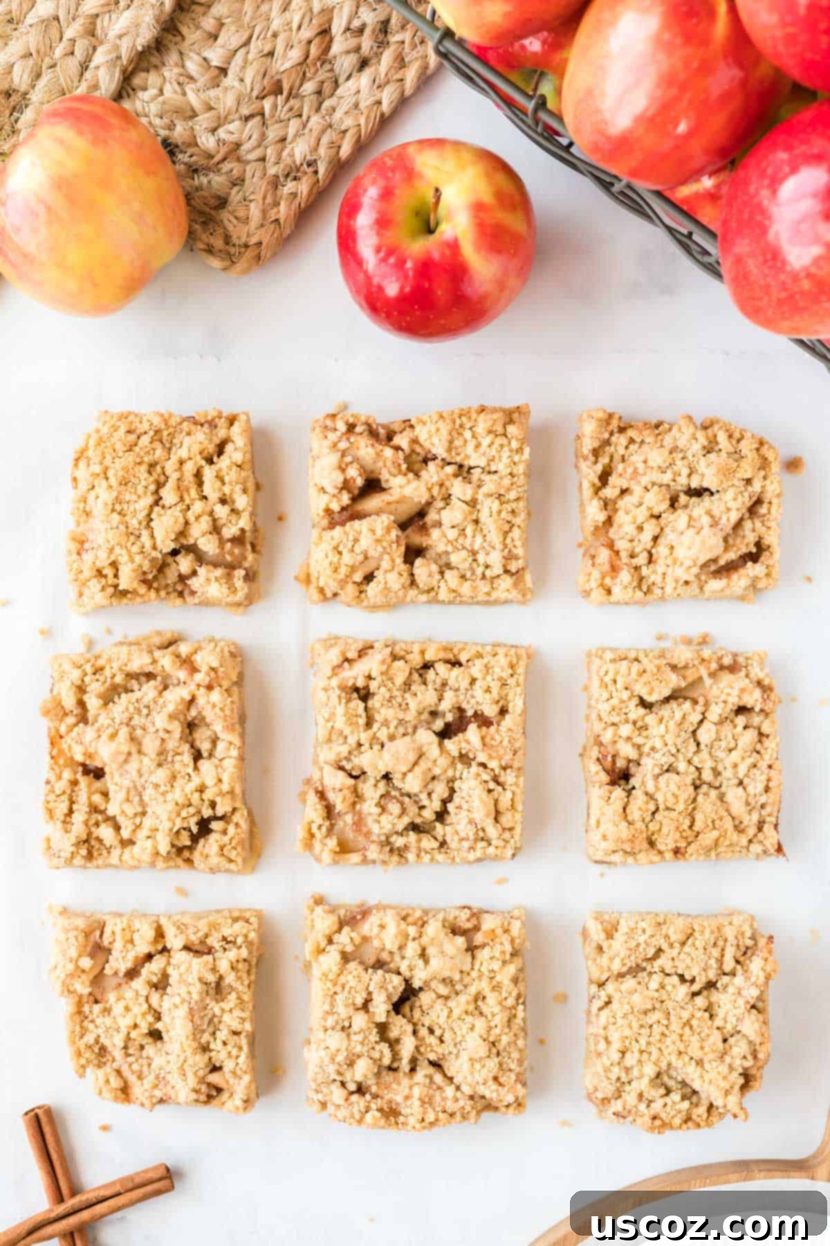 Cinnamon Apple Crumble Bars 12 Nine perfectly cut squares of apple crisp bars in a baking dish