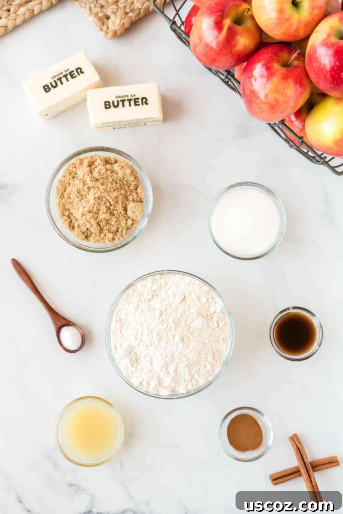 Cinnamon Apple Crumble Bars 3 Assortment of fresh ingredients for apple crisp bars laid out in glass bowls