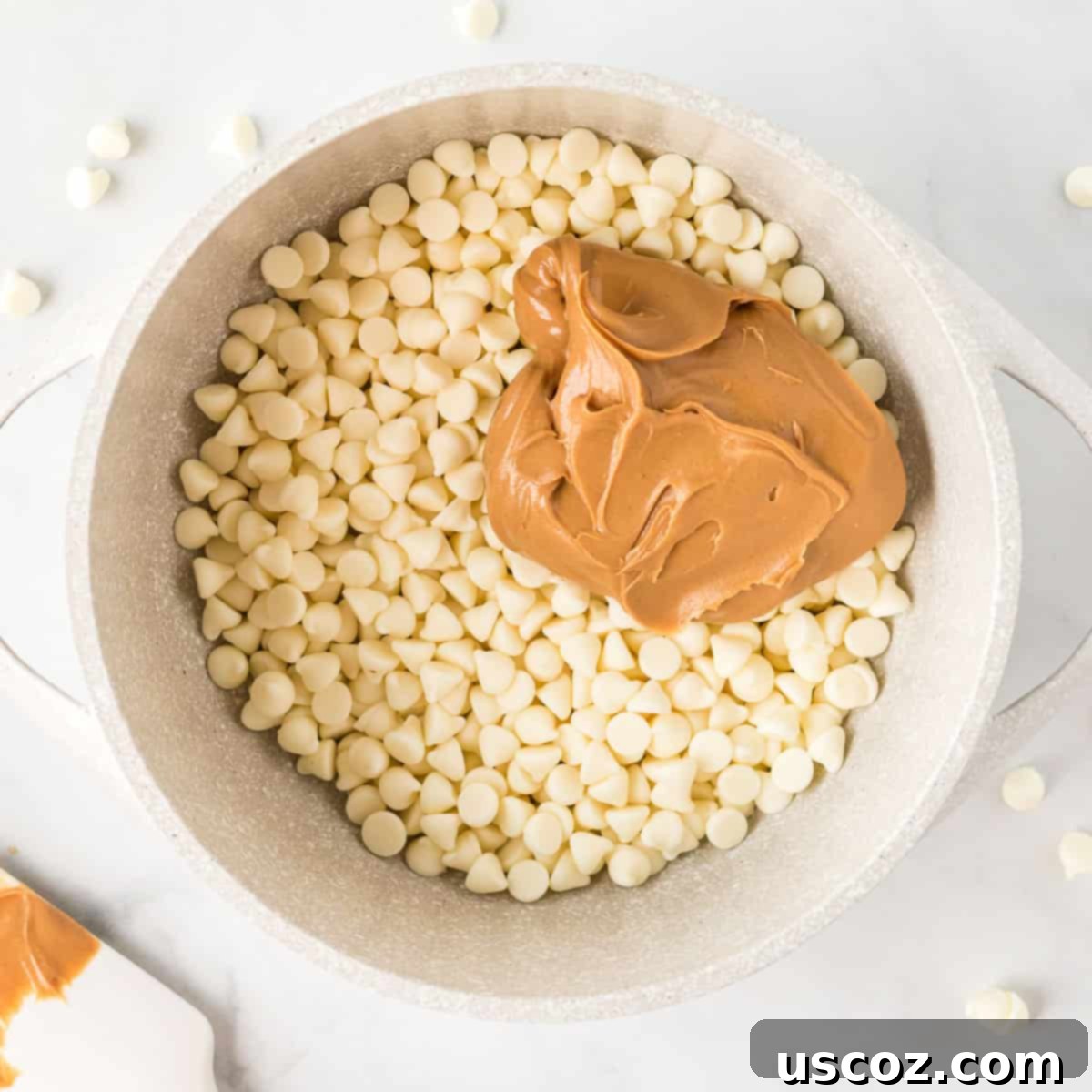 Summit Cookies 7 white chocolate chips with peanut butter in a sauce pan