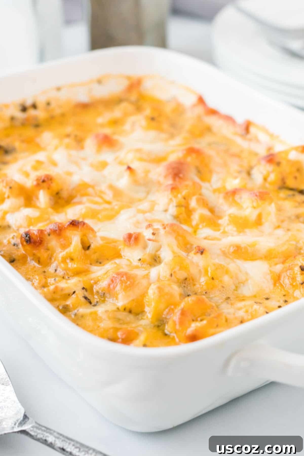 Golden Cheesy Cauliflower 2 A large white baking dish filled with golden brown cheesy cauliflower casserole, fresh out of the oven.